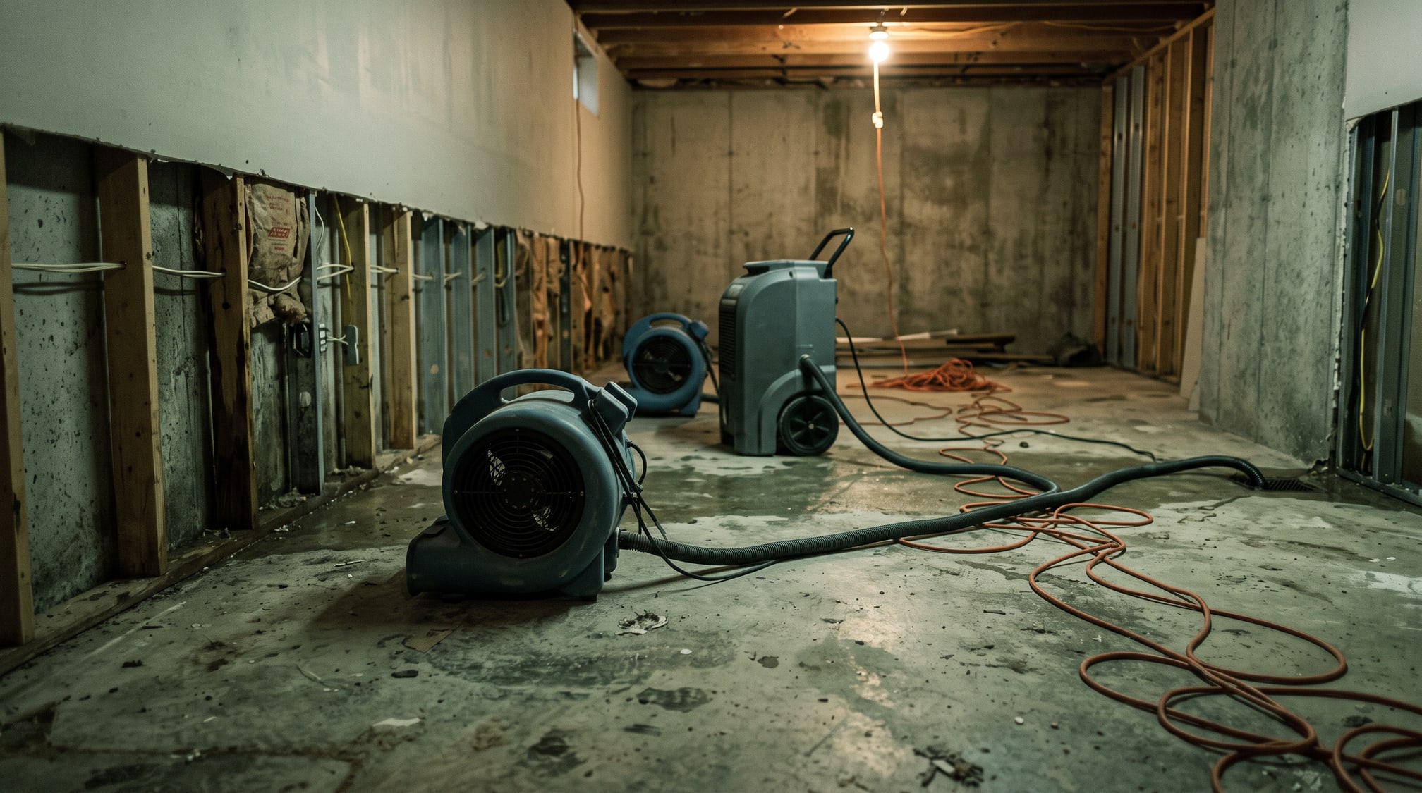 Ventilateurs d'assèchement et déshumidificateur dans un sous-sol vidé