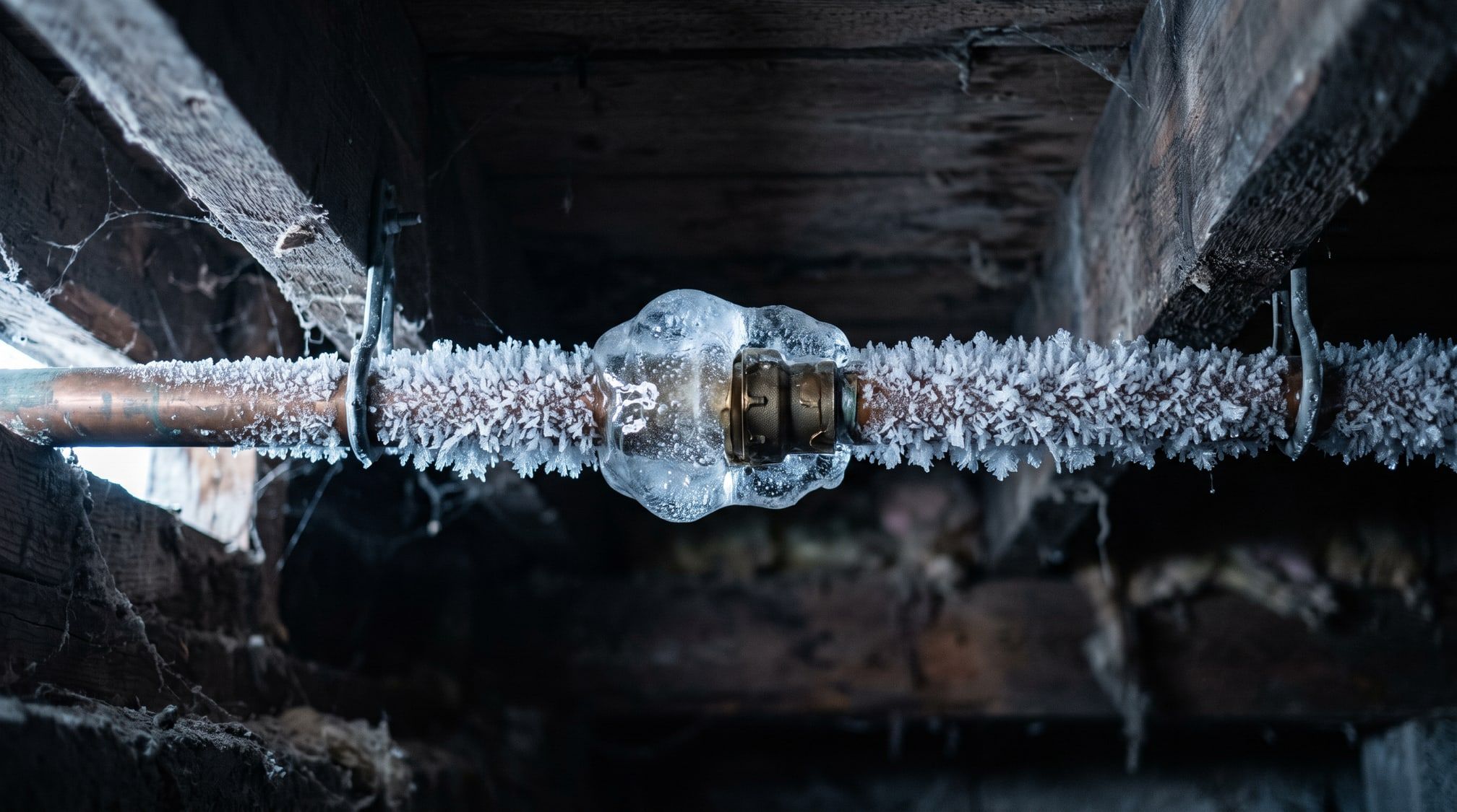Tuyau de cuivre couvert de givre dans un vide sanitaire non chauffé