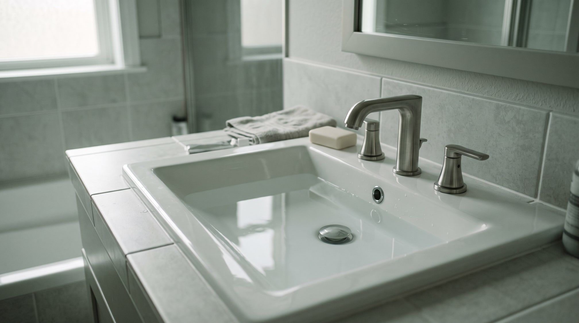 Lavabo de salle de bain rempli d'eau qui ne s'écoule plus
