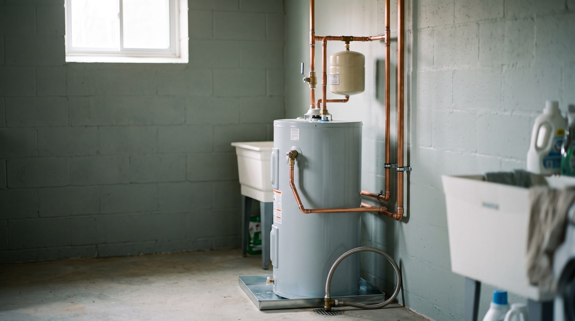Chauffe-eau neuf raccordé en cuivre, avec bac d'égouttement et vase d'expansion