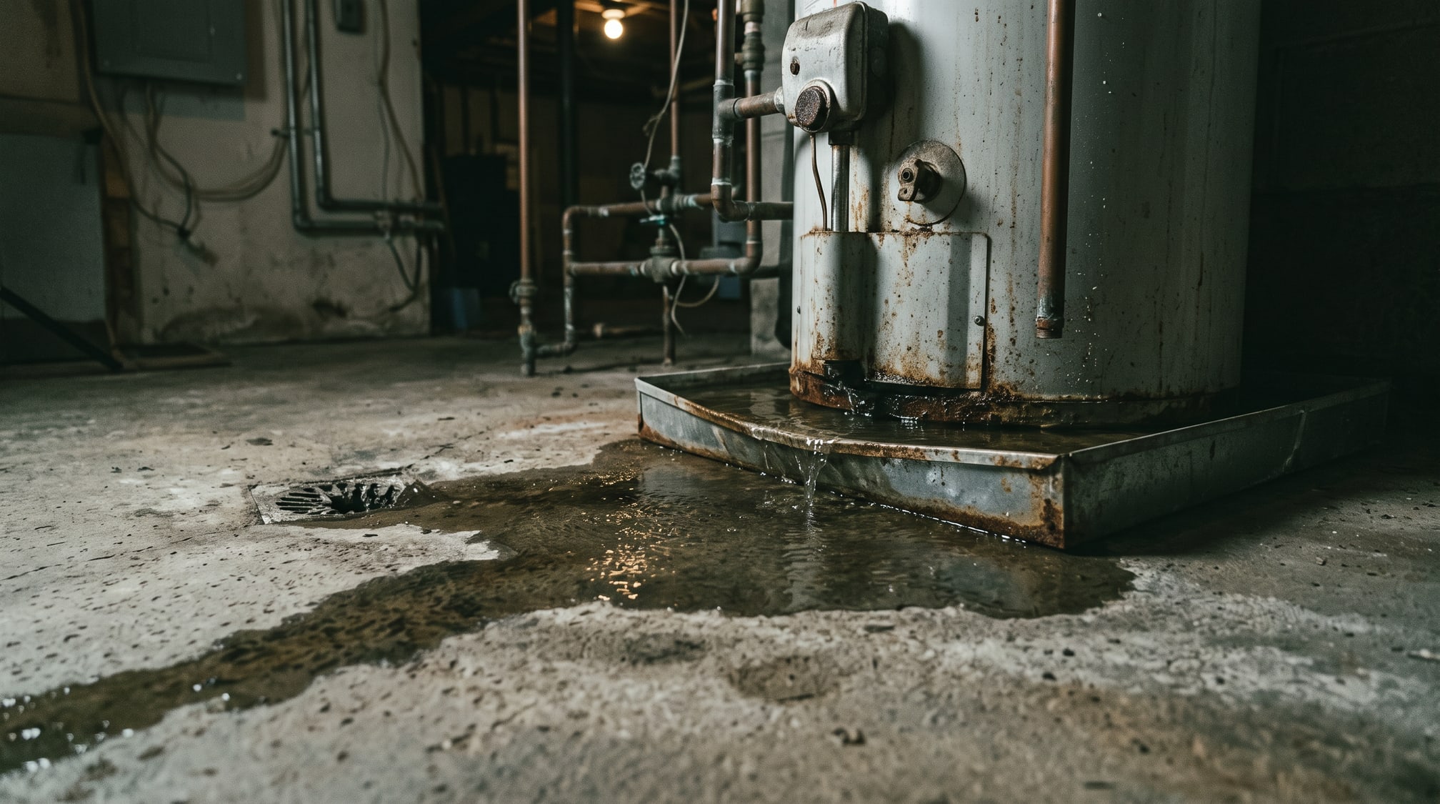 Flaque d'eau autour du pied d'un chauffe-eau et bac d'égouttement débordant