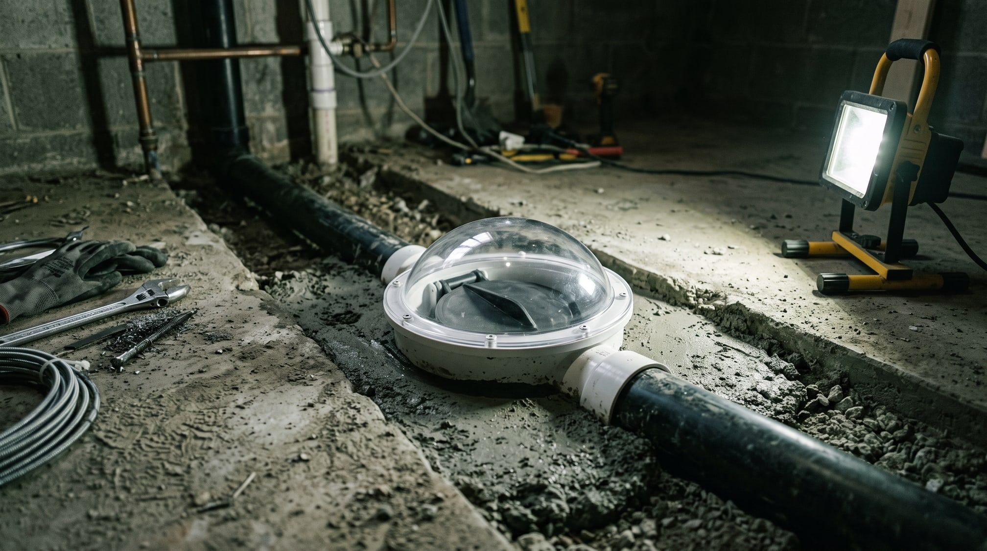 Clapet anti-retour installé dans la dalle de béton d'un sous-sol