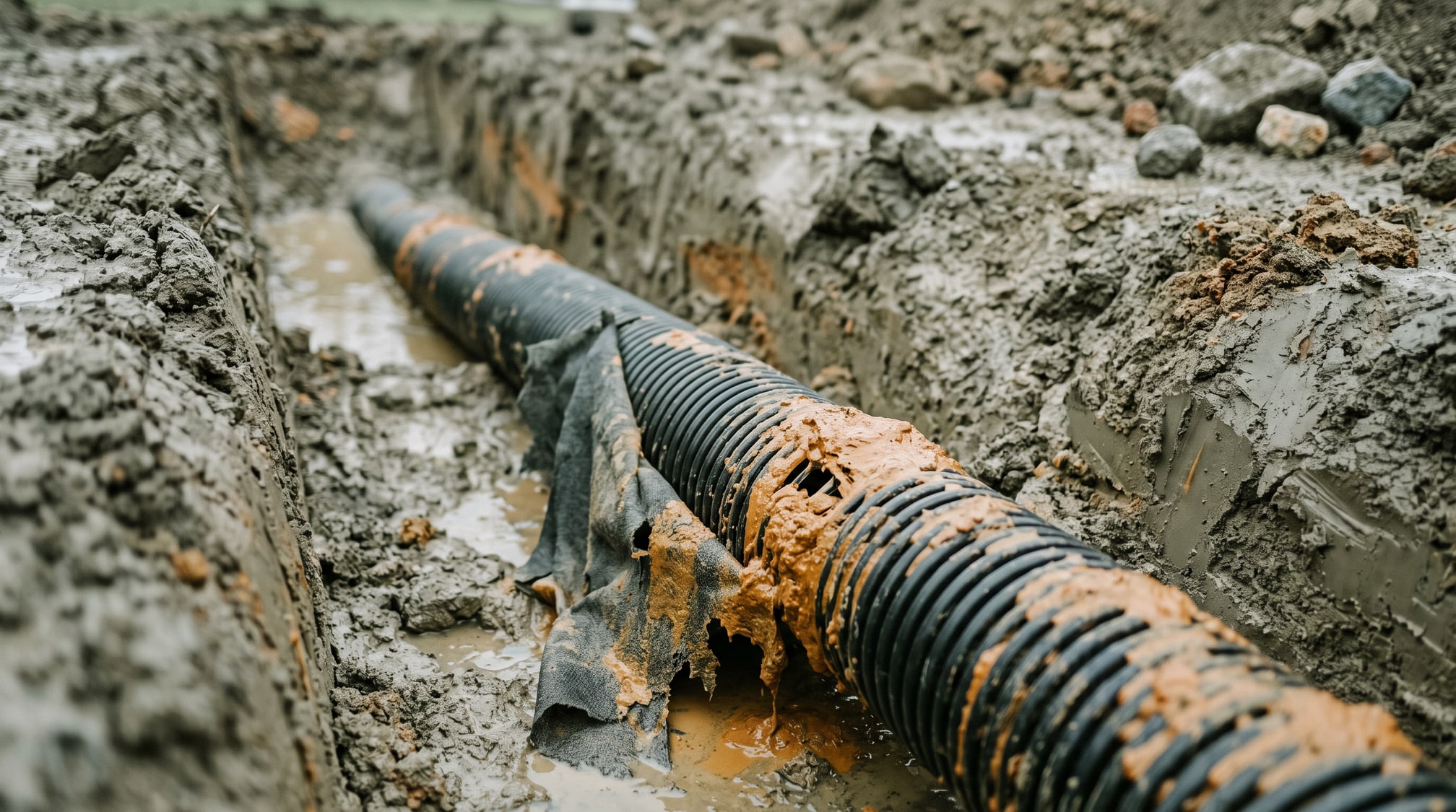 Drain perforé déterré, ses fentes obstruées par un dépôt d'ocre ferreuse