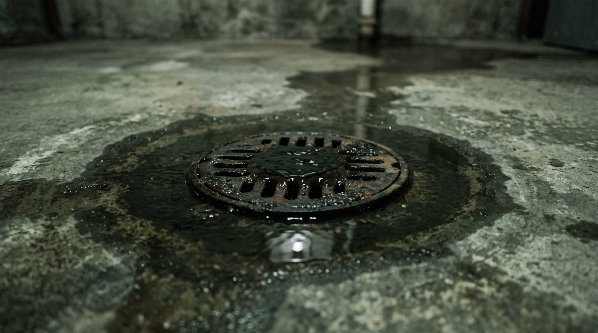 Eau qui remonte par la grille d'un drain de plancher au sous-sol