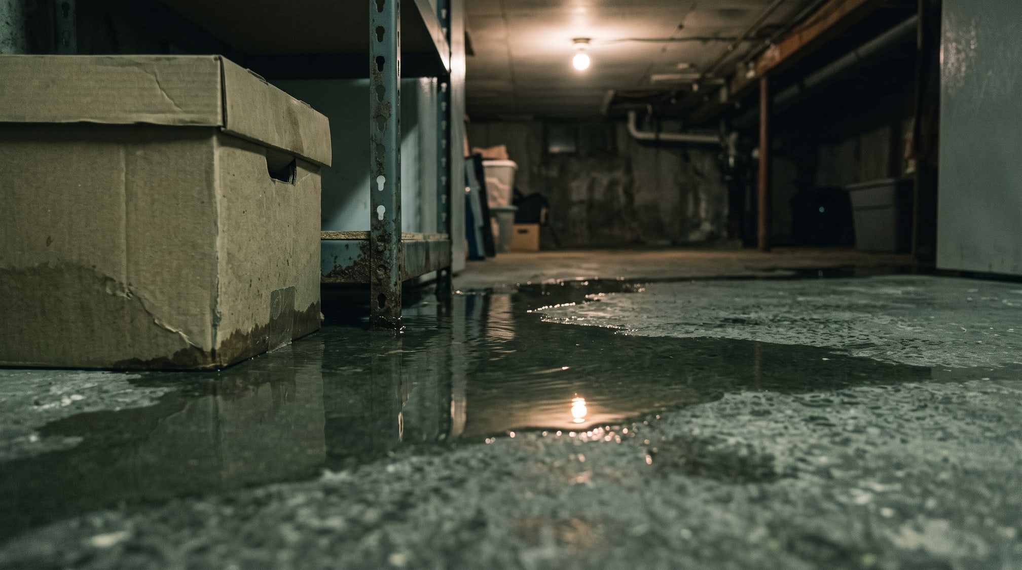 Une nappe d'eau s'étend sur le plancher de béton d'un sous-sol