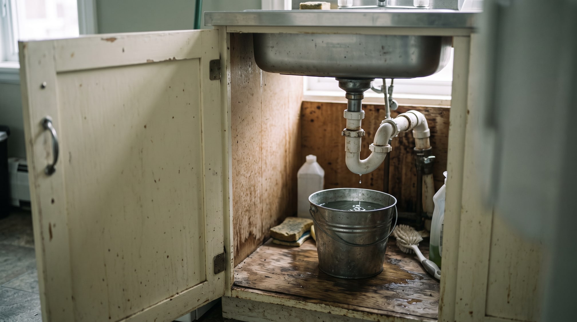 Un seau posé sous le siphon d'un évier de cuisine pour recueillir une fuite lente
