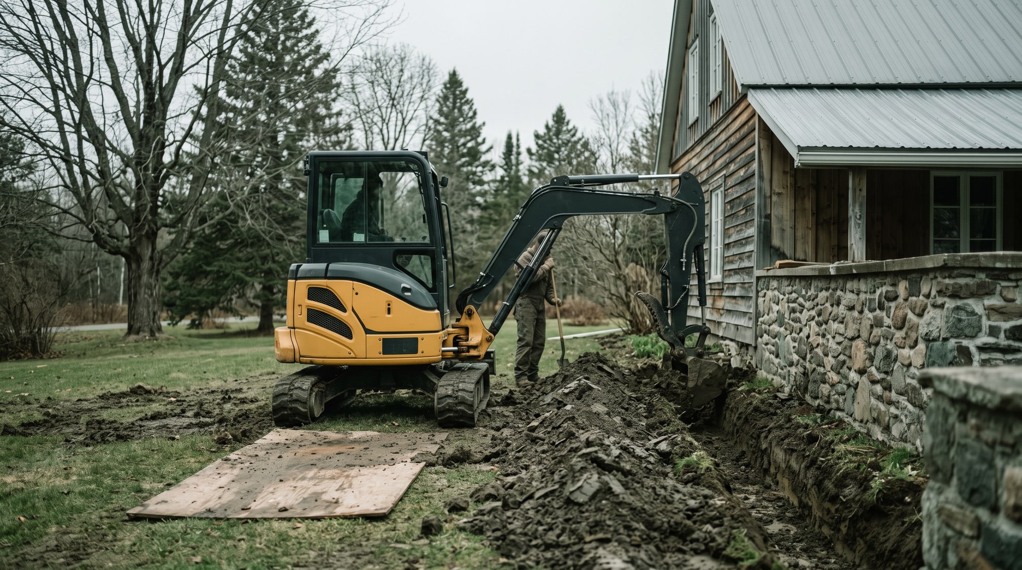 Mini-excavatrice ouvrant une tranchée le long de la fondation d'une maison de campagne