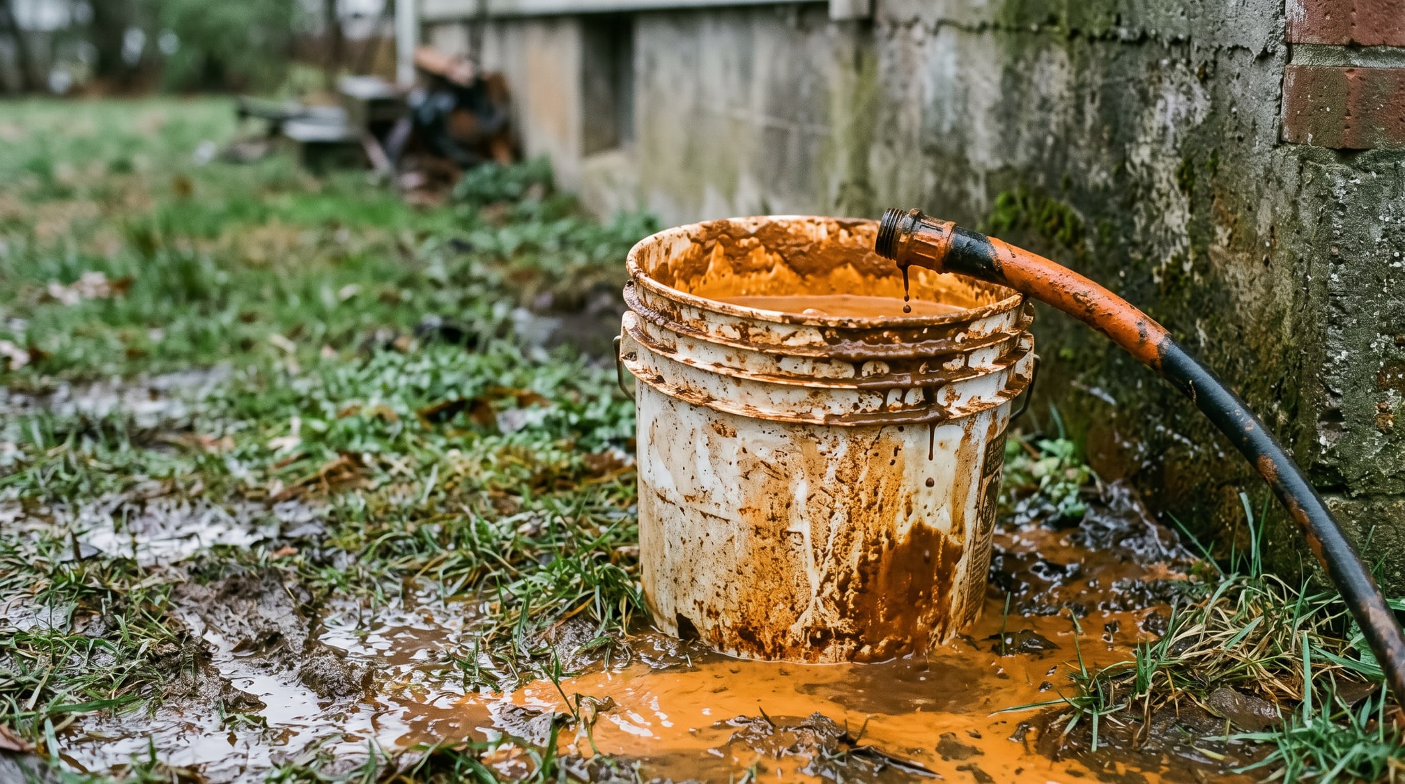 Seau rempli de dépôt d'ocre ferreuse retiré d'un drain de fondation