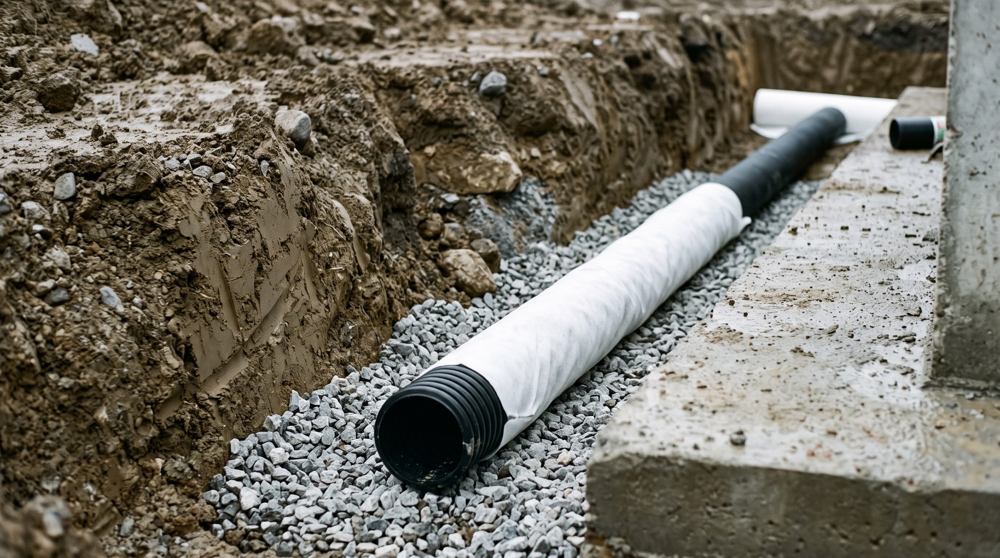 Drain neuf posé sur pierre nette et enveloppé de membrane géotextile