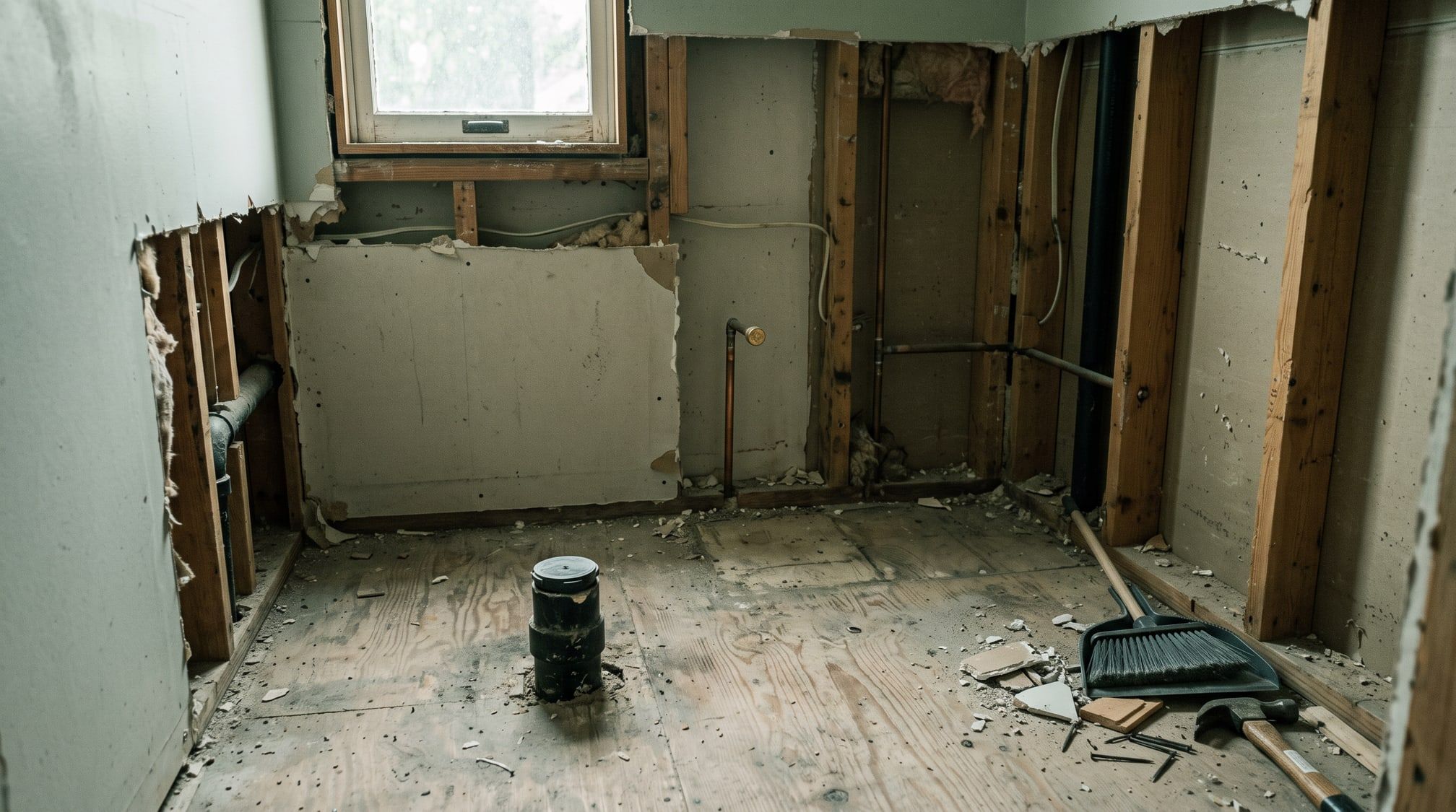Salle de bain mise à nu, appareils retirés, avant la plomberie brute