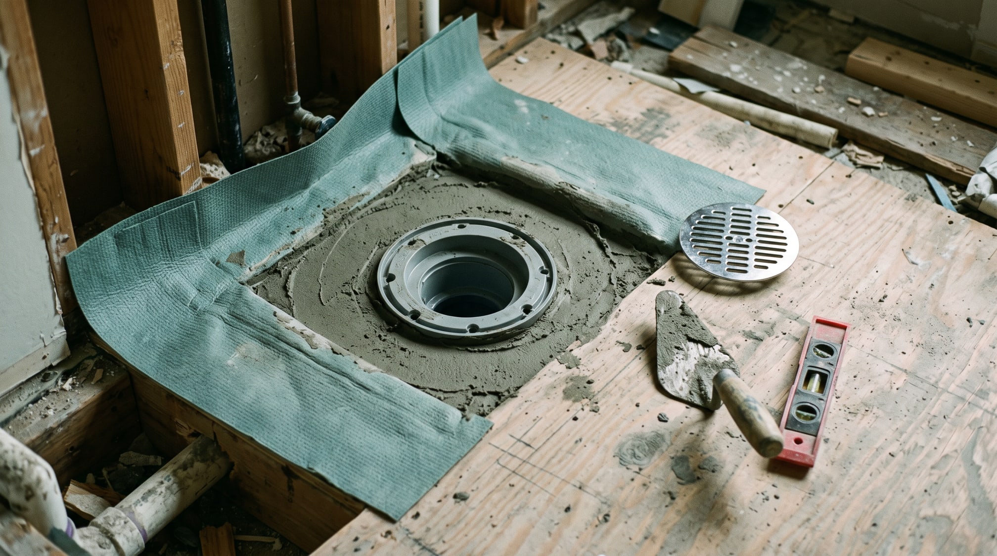 Drain de douche neuf posé dans le mortier, membrane d'étanchéité repliée autour