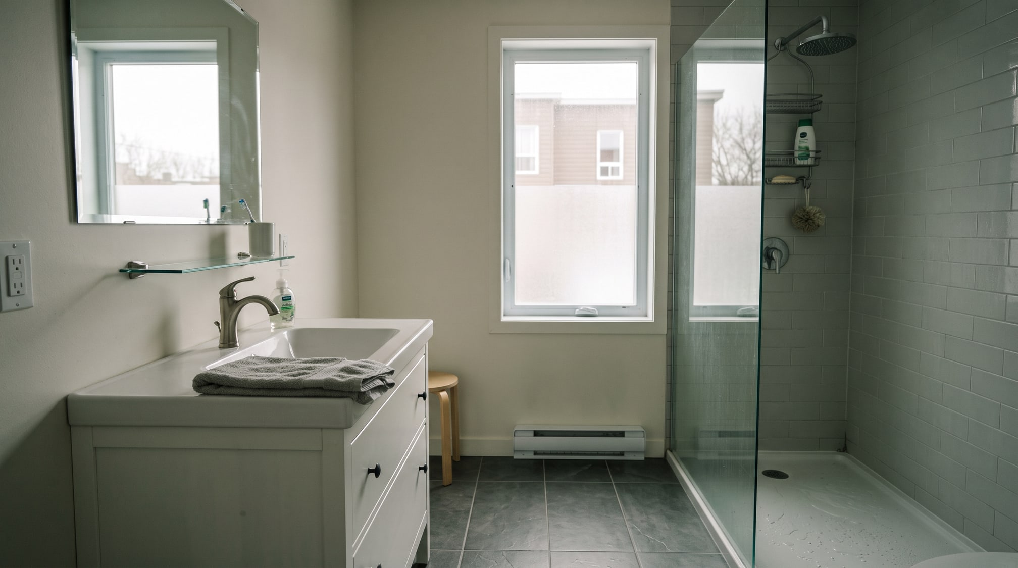 Salle de bain terminée, vanité, robinetterie et douche vitrée