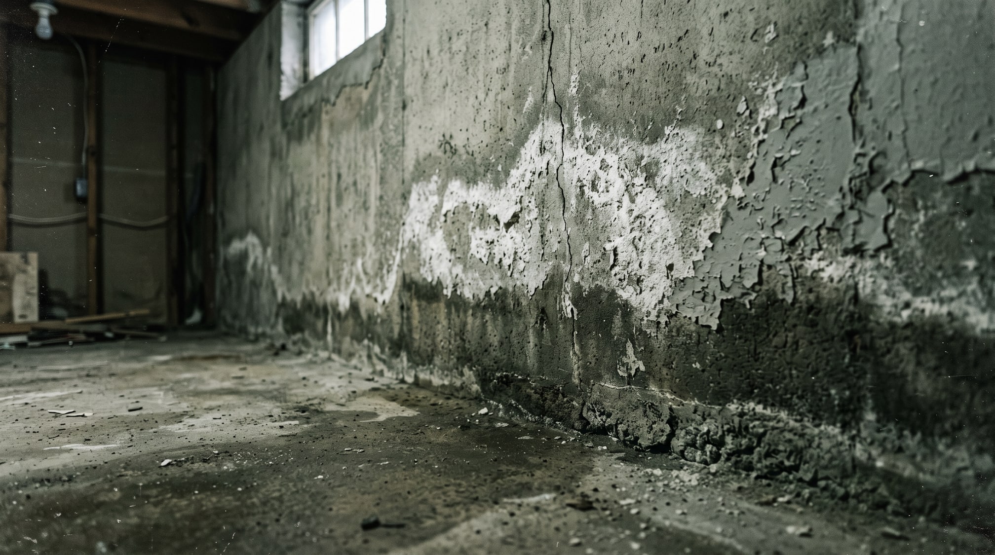 Trace d'humidité et efflorescence blanche au bas d'un mur de fondation