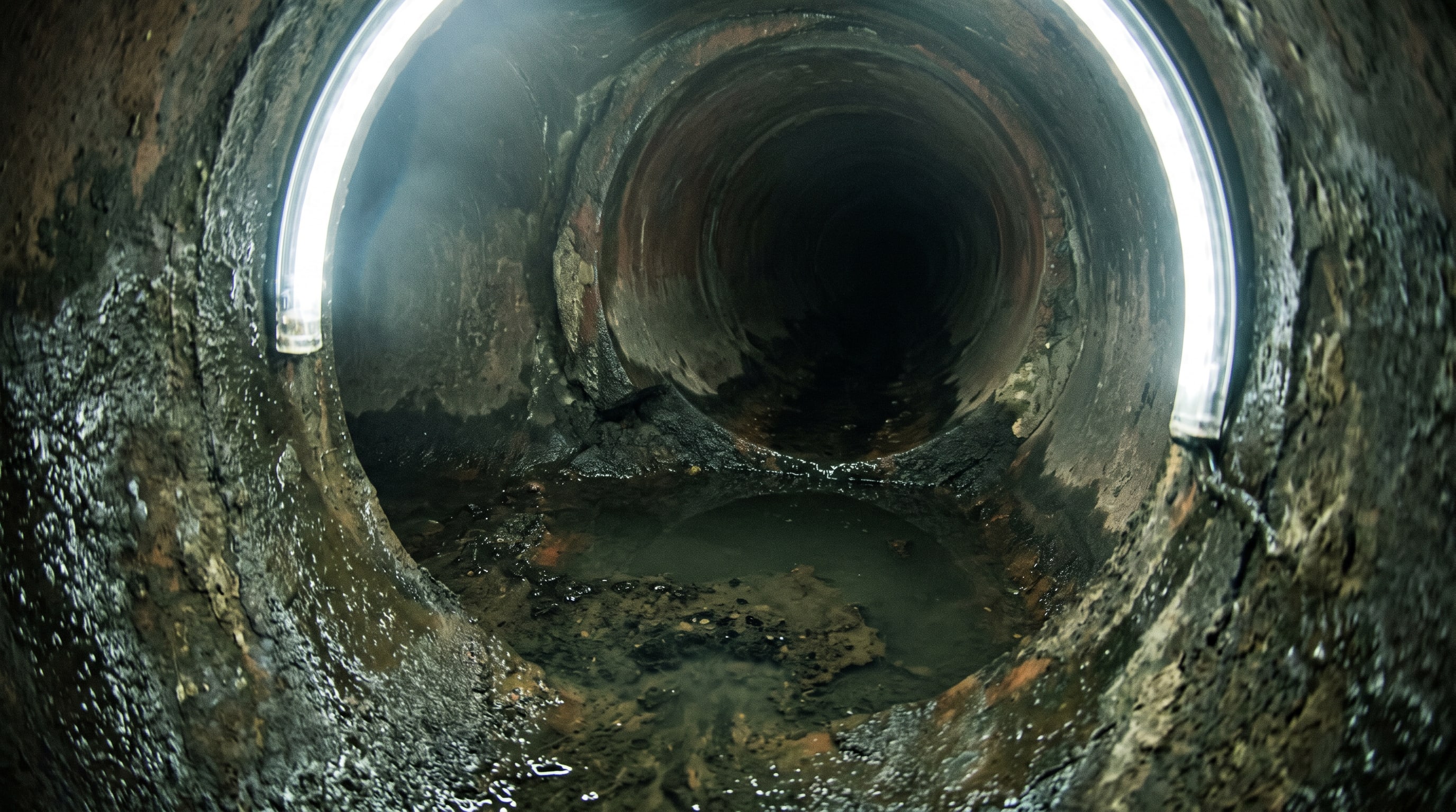 Vue de caméra : deux sections de conduite désalignées avec de l'eau stagnante