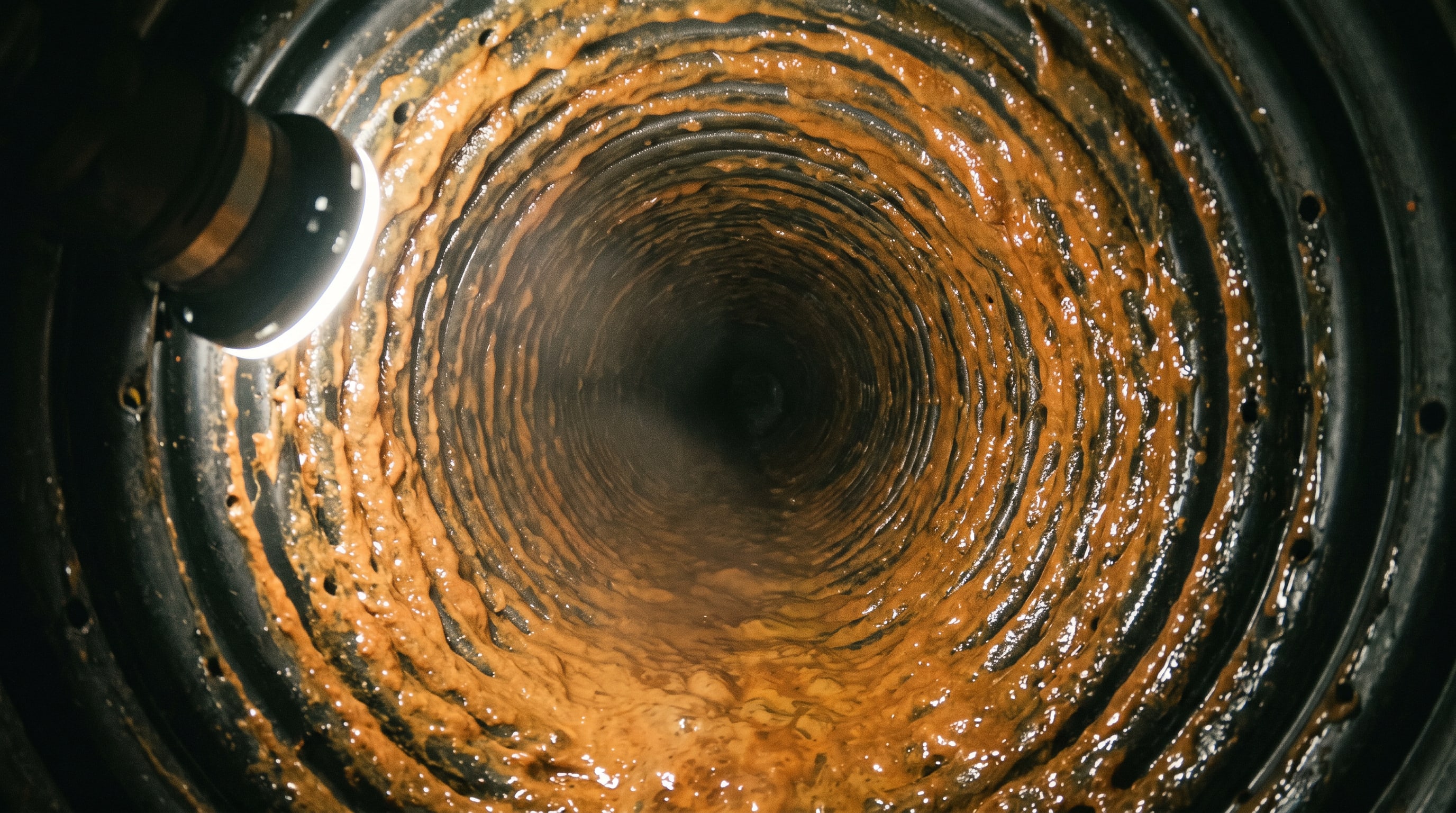 Vue de caméra : dépôt d'ocre ferreuse orangé dans un drain français perforé